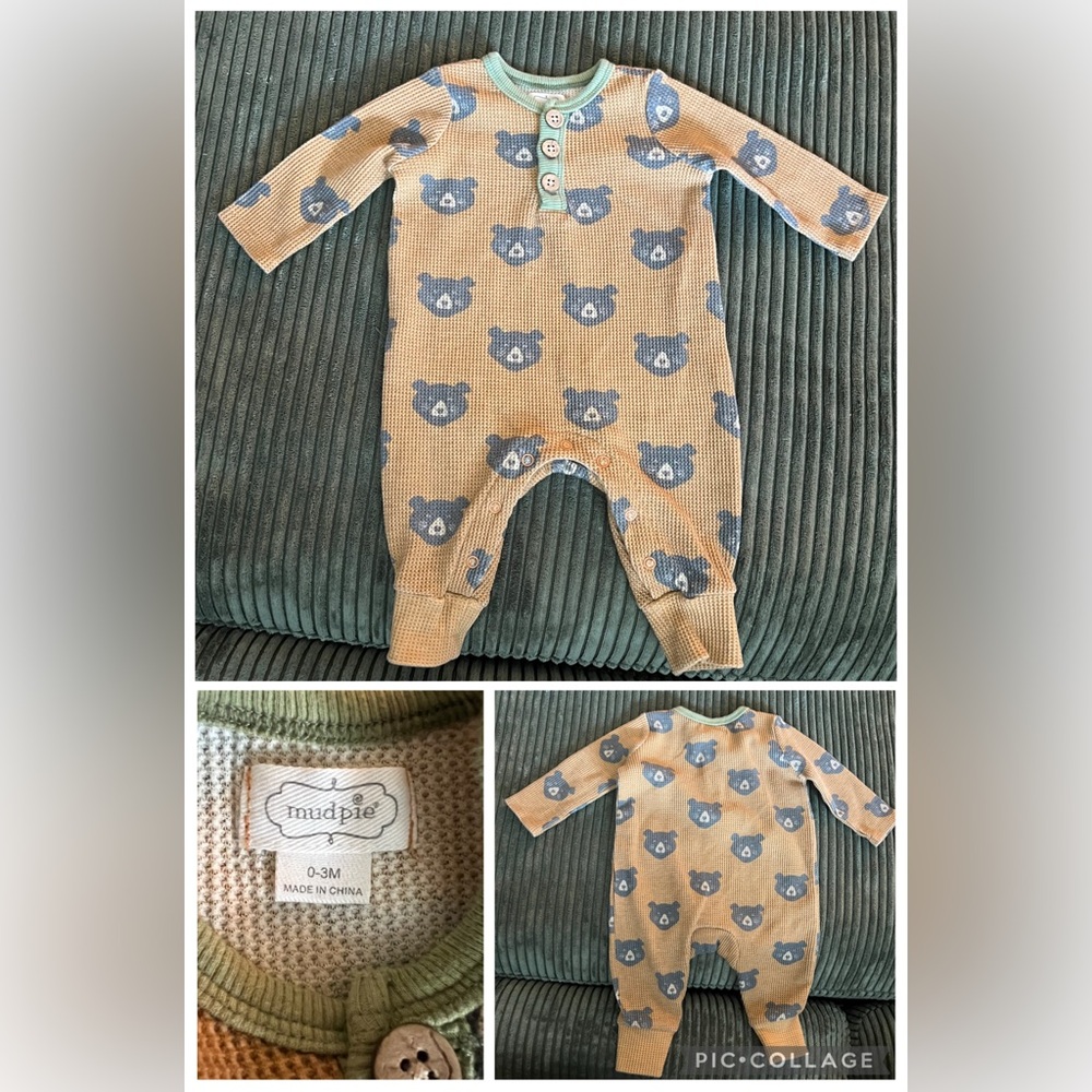 Mud Pie Tan Bear Print One Piece Baby Boys 0-3m